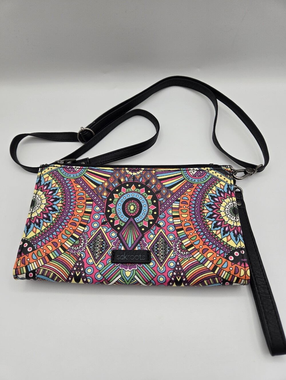 Sakroots Artist Circle Colorful Mandala Coated Canvas Wristlet Crossbody Purse